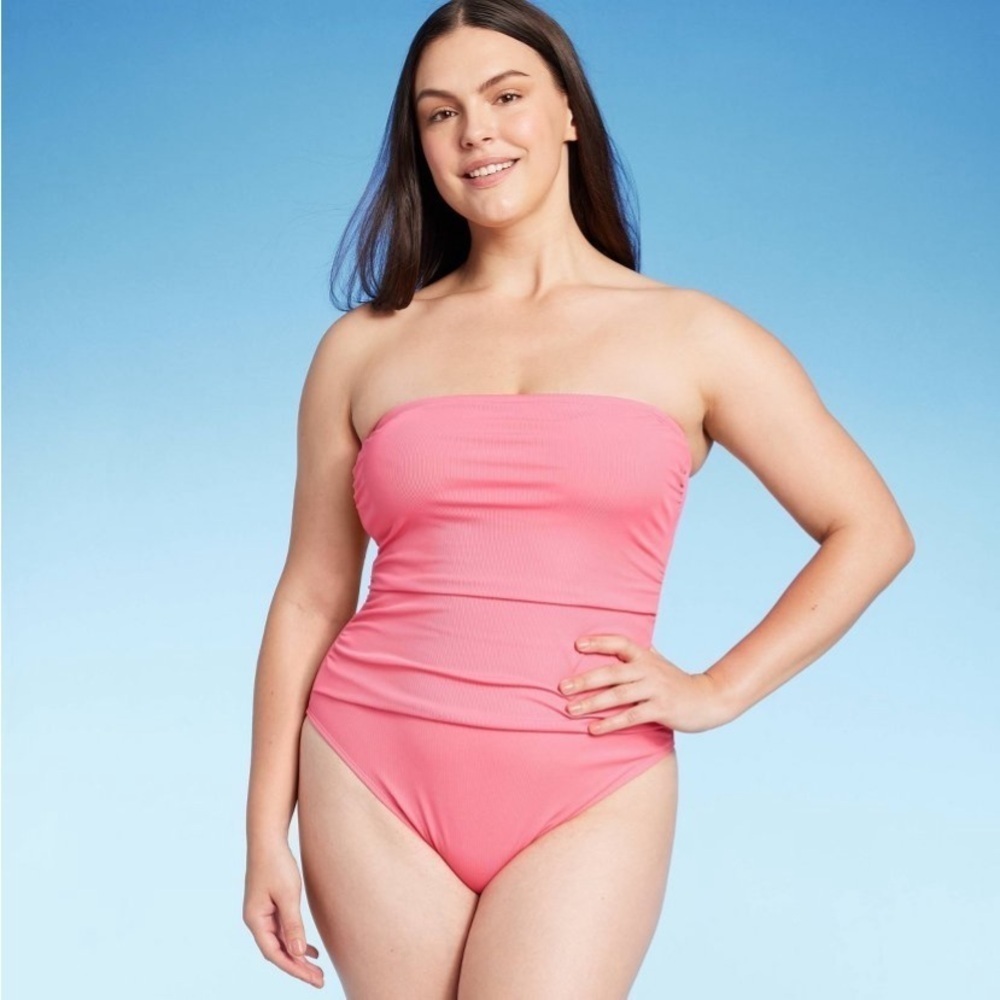 Women'sShirred Ribbed Bandeau Cheeky One Piece Swimsuit - Shade & Shore™ Pink